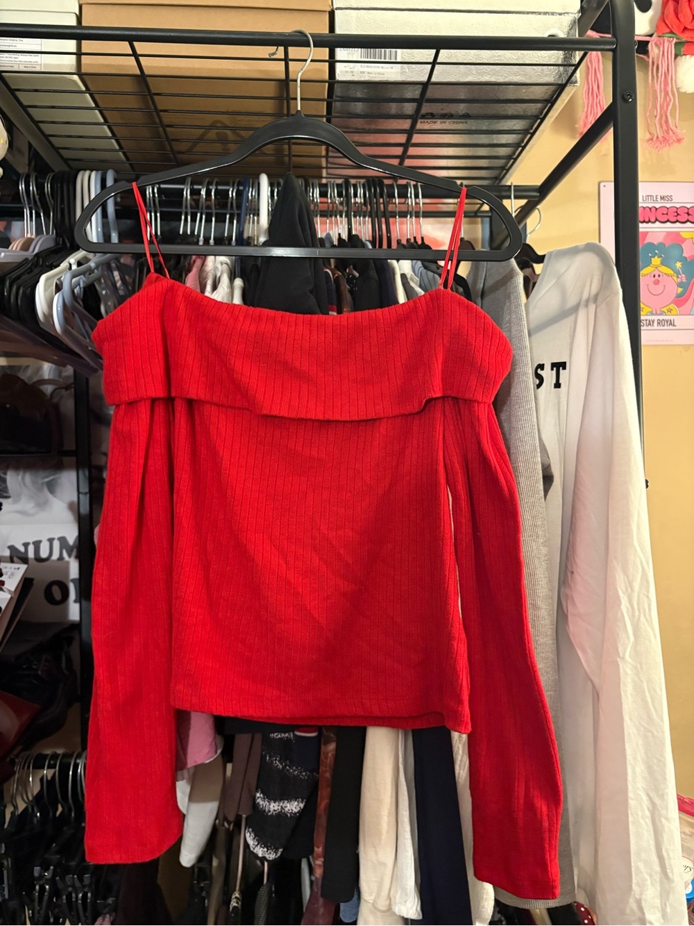 Red Off-Shoulder Ribbed Long Sleeve Top